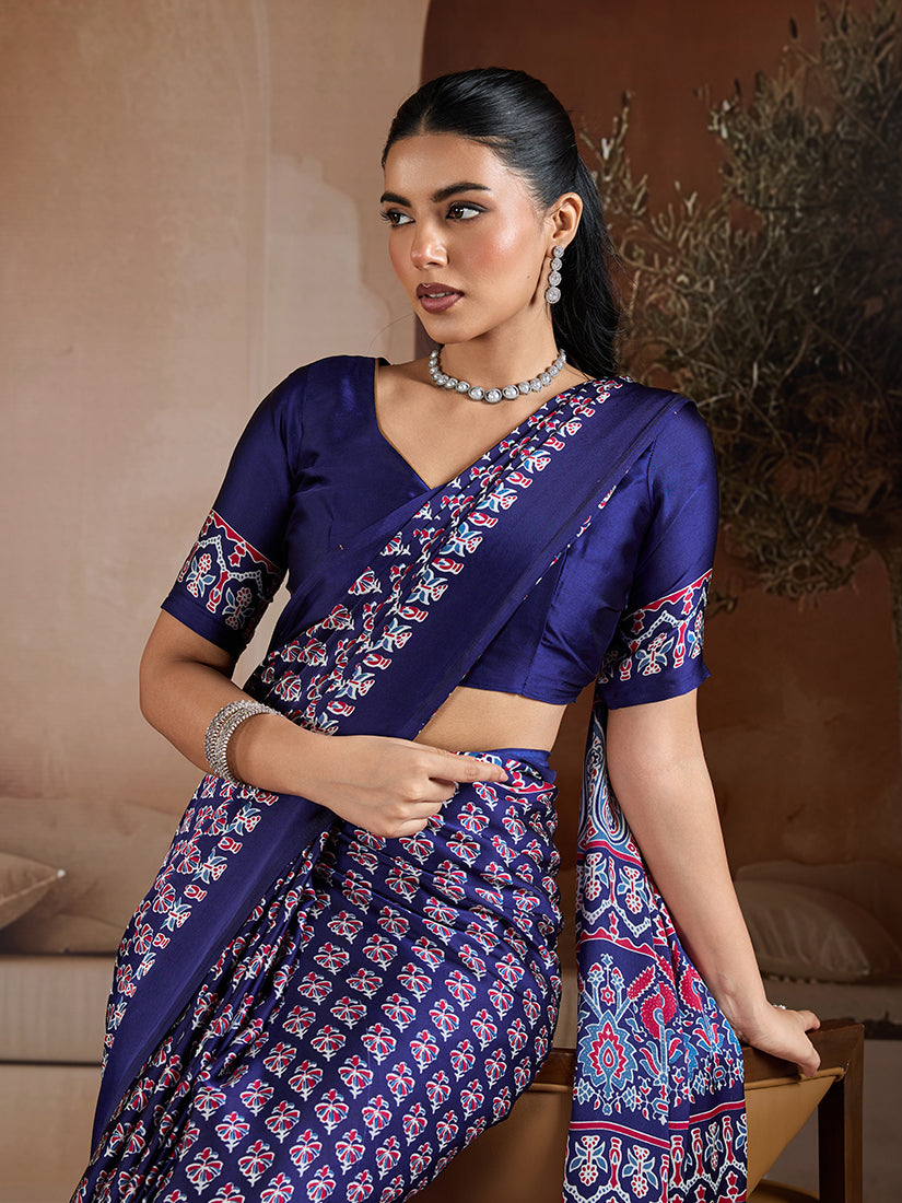 Monjolika Fashion Navy Blue Printed Satin Saree - Distacart