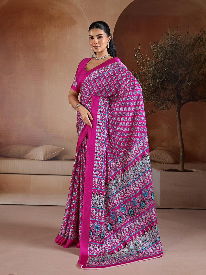 Monjolika Fashion Rani Pink Printed Satin Saree - Distacart