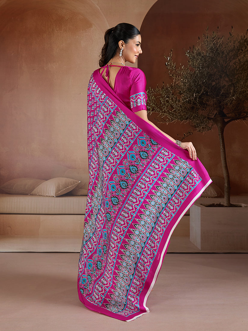 Monjolika Fashion Rani Pink Printed Satin Saree - Distacart