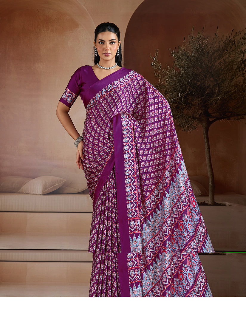 Monjolika Fashion Purple Printed Satin Saree - Distacart