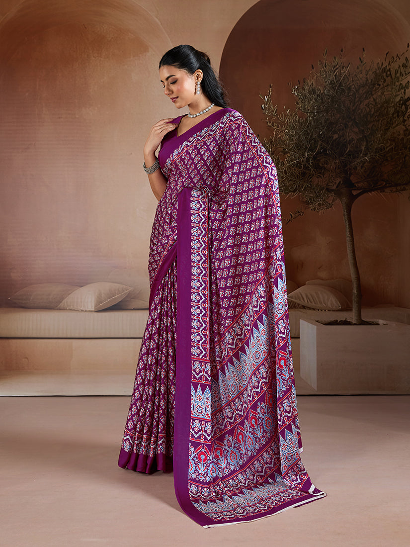 Monjolika Fashion Purple Printed Satin Saree - Distacart