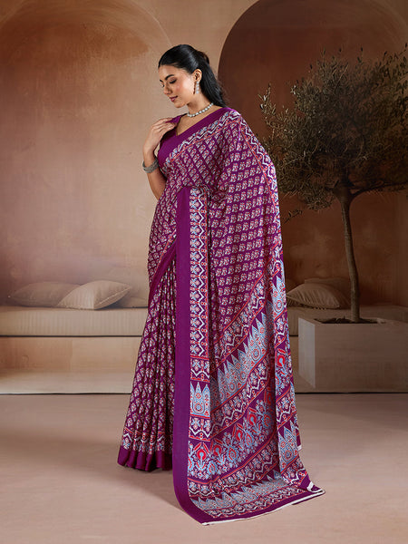 Monjolika Fashion Purple Printed Satin Saree