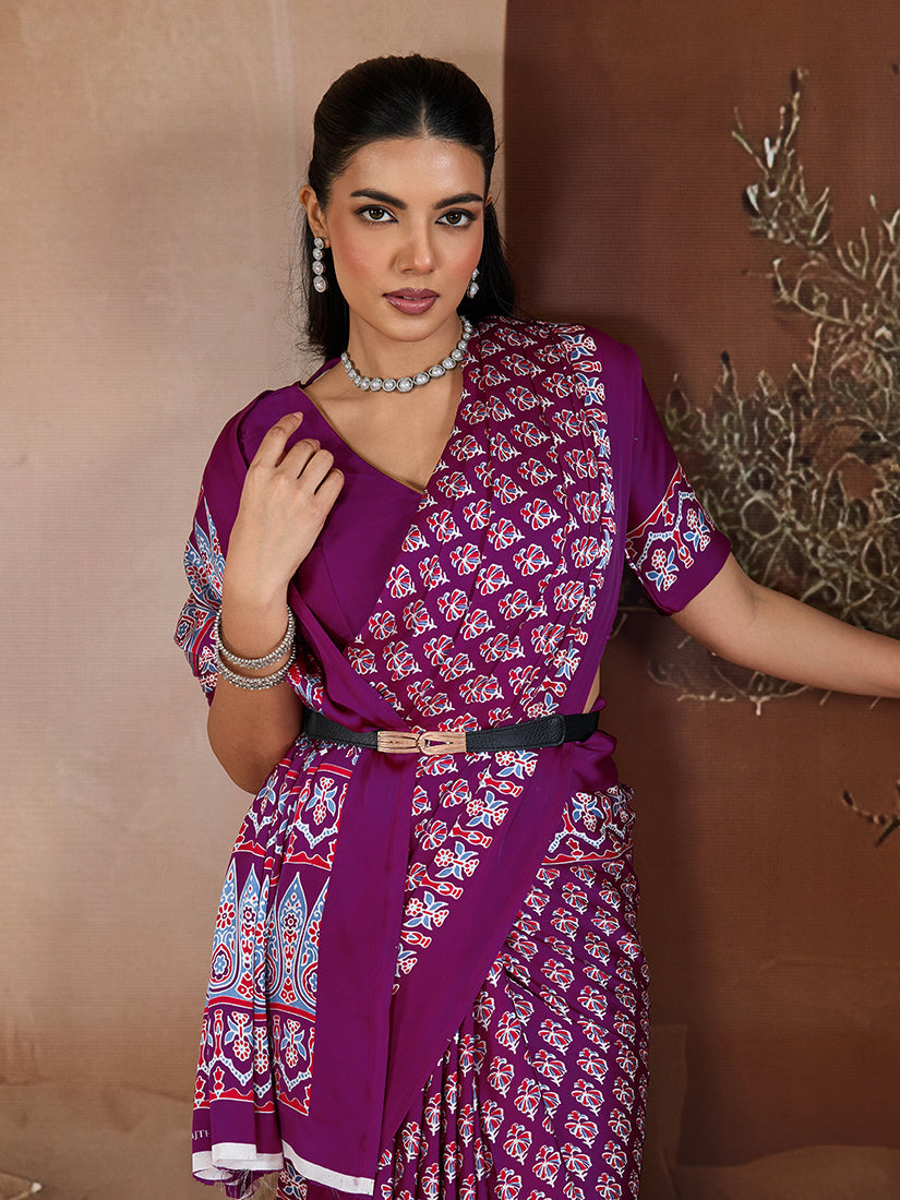 Monjolika Fashion Purple Printed Satin Saree - Distacart