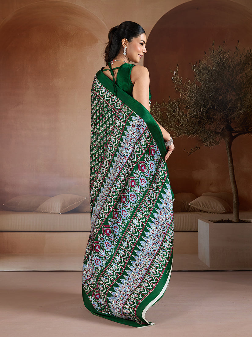 Monjolika Fashion Dark Green Printed Satin Saree - Distacart