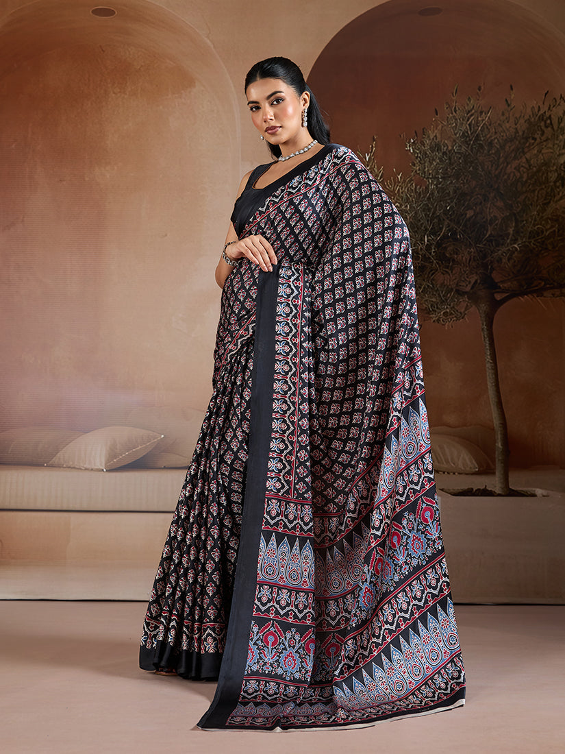 Monjolika Fashion Black Printed Satin Saree - Distacart