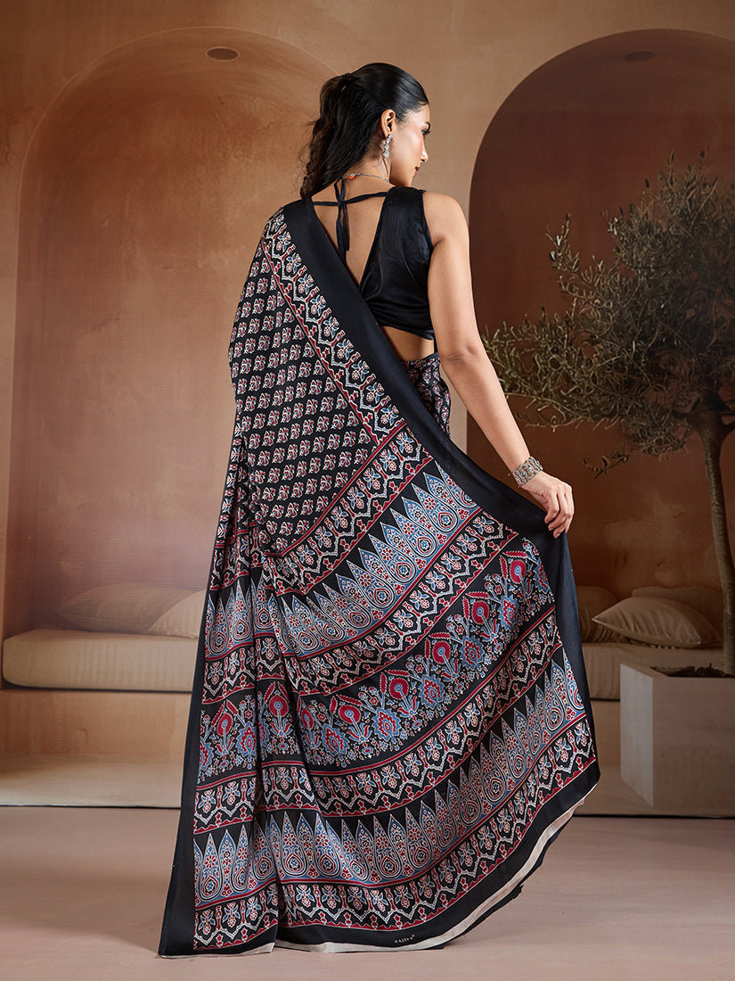 Monjolika Fashion Black Printed Satin Saree - Distacart