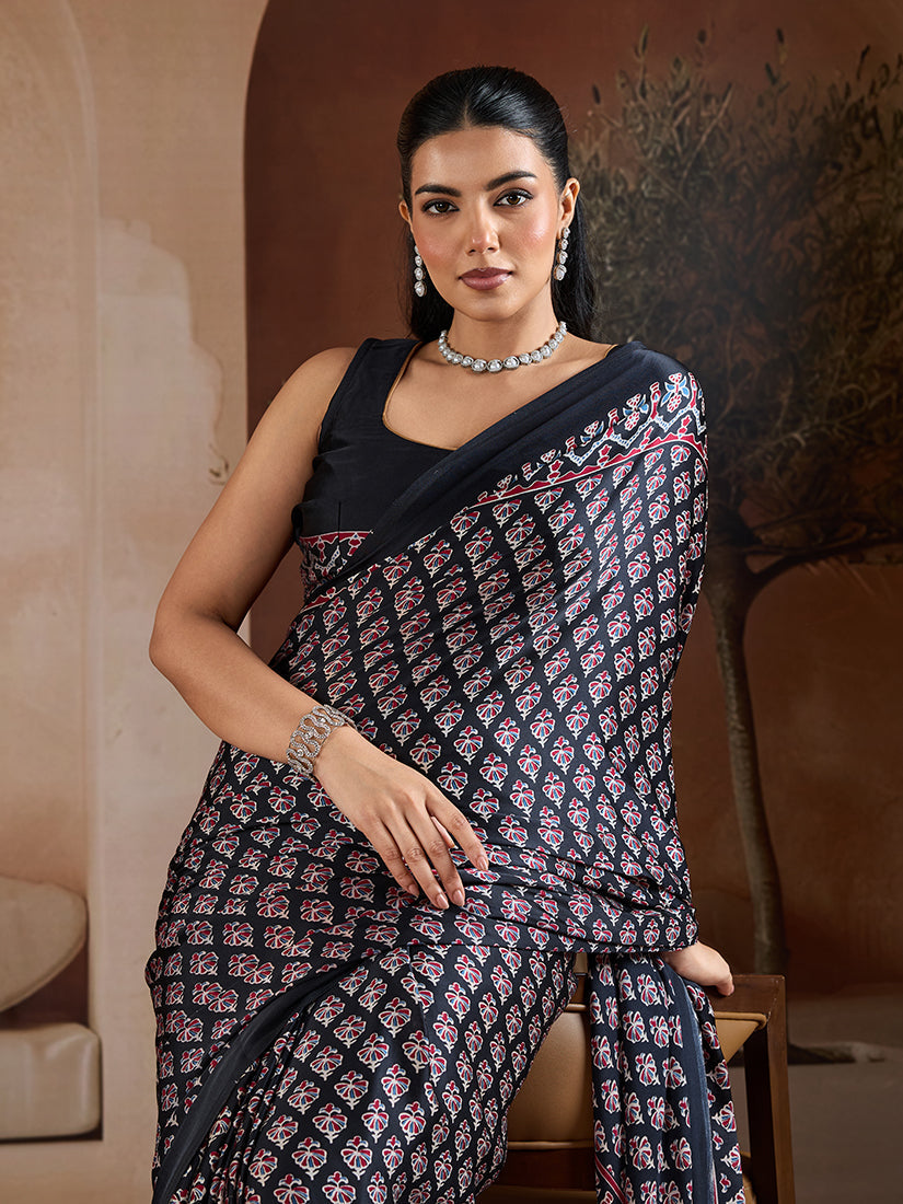 Monjolika Fashion Black Printed Satin Saree - Distacart