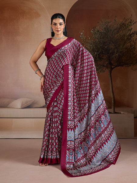 Monjolika Fashion Maroon Printed Satin Saree