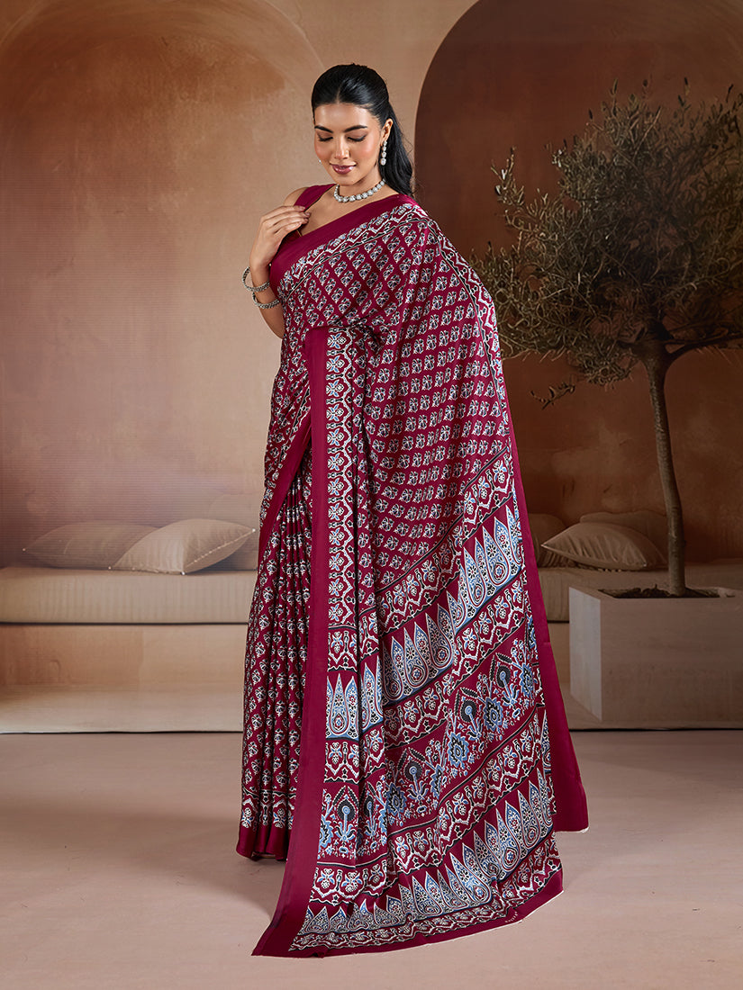 Monjolika Fashion Maroon Printed Satin Saree - Distacart