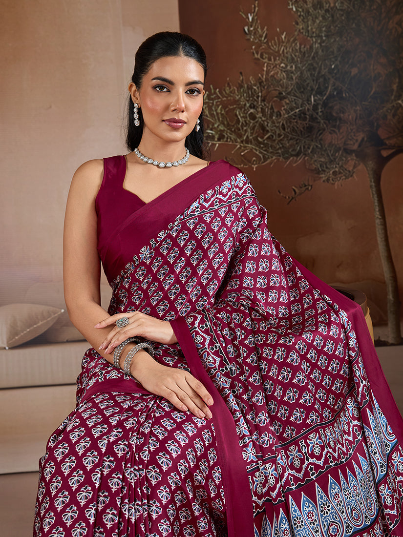 Monjolika Fashion Maroon Printed Satin Saree - Distacart