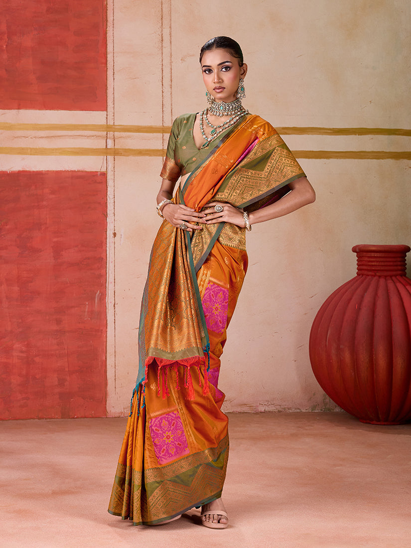 Monjolika Fashion Silk Blend woven Work Orange Saree - Distacart