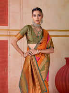 Monjolika Fashion Silk Blend woven Work Orange Saree - Distacart