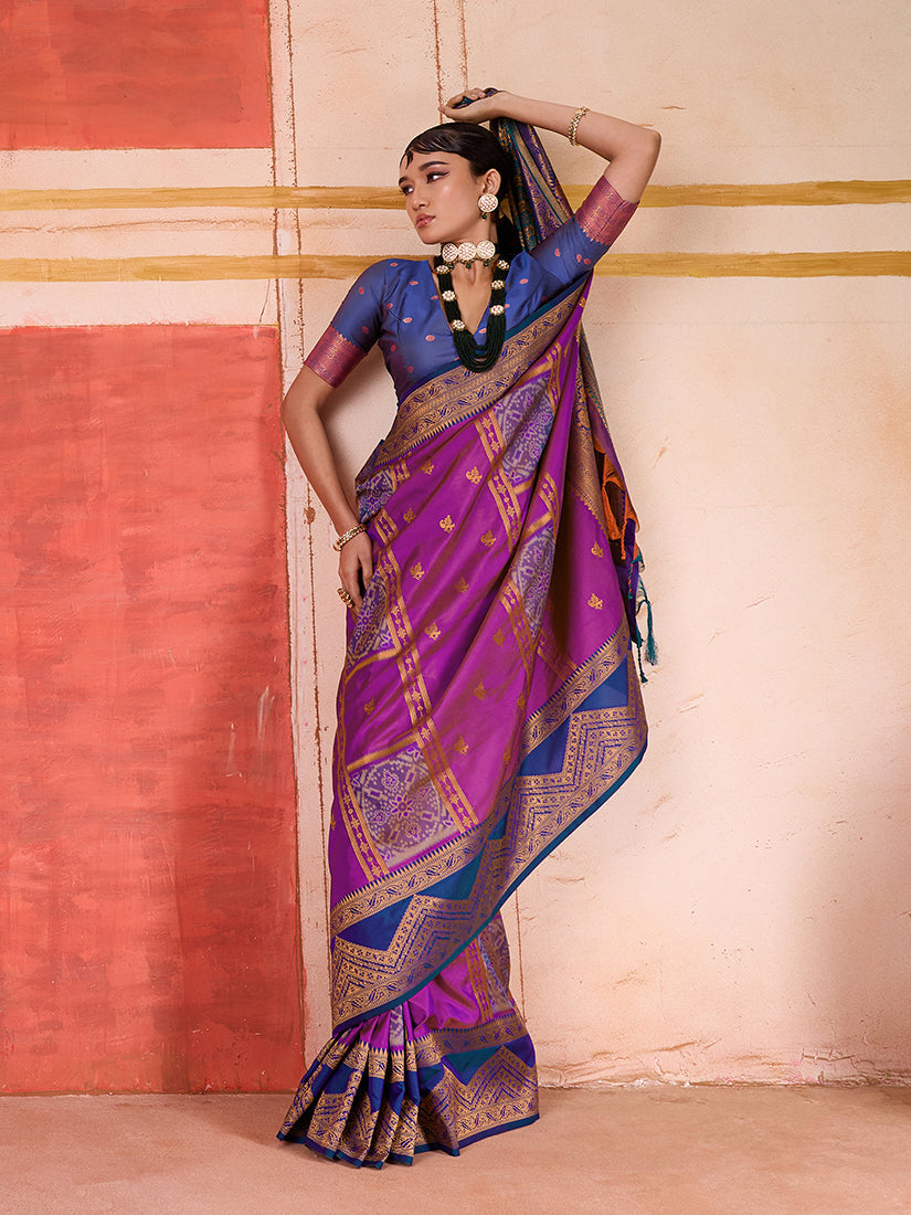 Monjolika Fashion Silk Blend woven Work Magenta Saree - Distacart