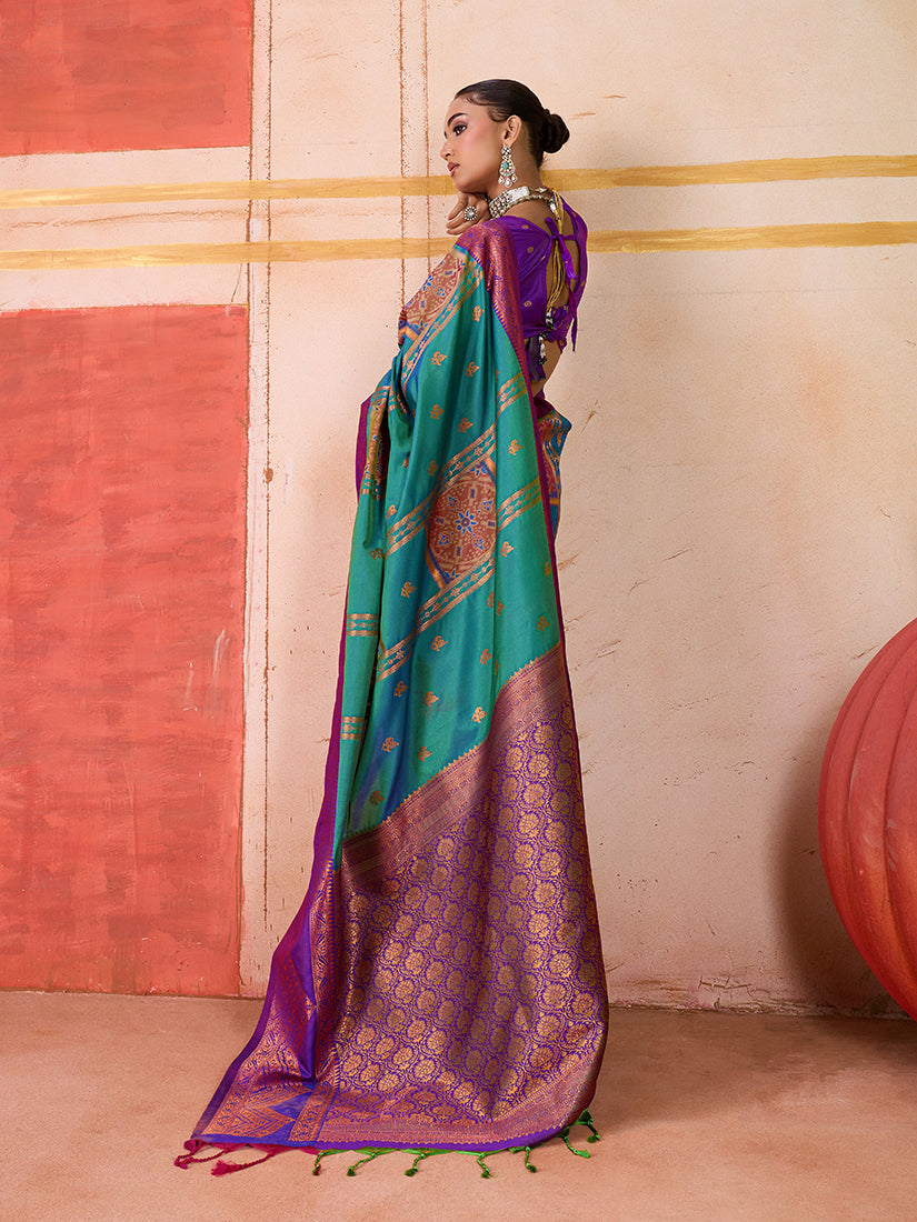Monjolika Fashion Silk Blend woven Work Teal Saree - Distacart
