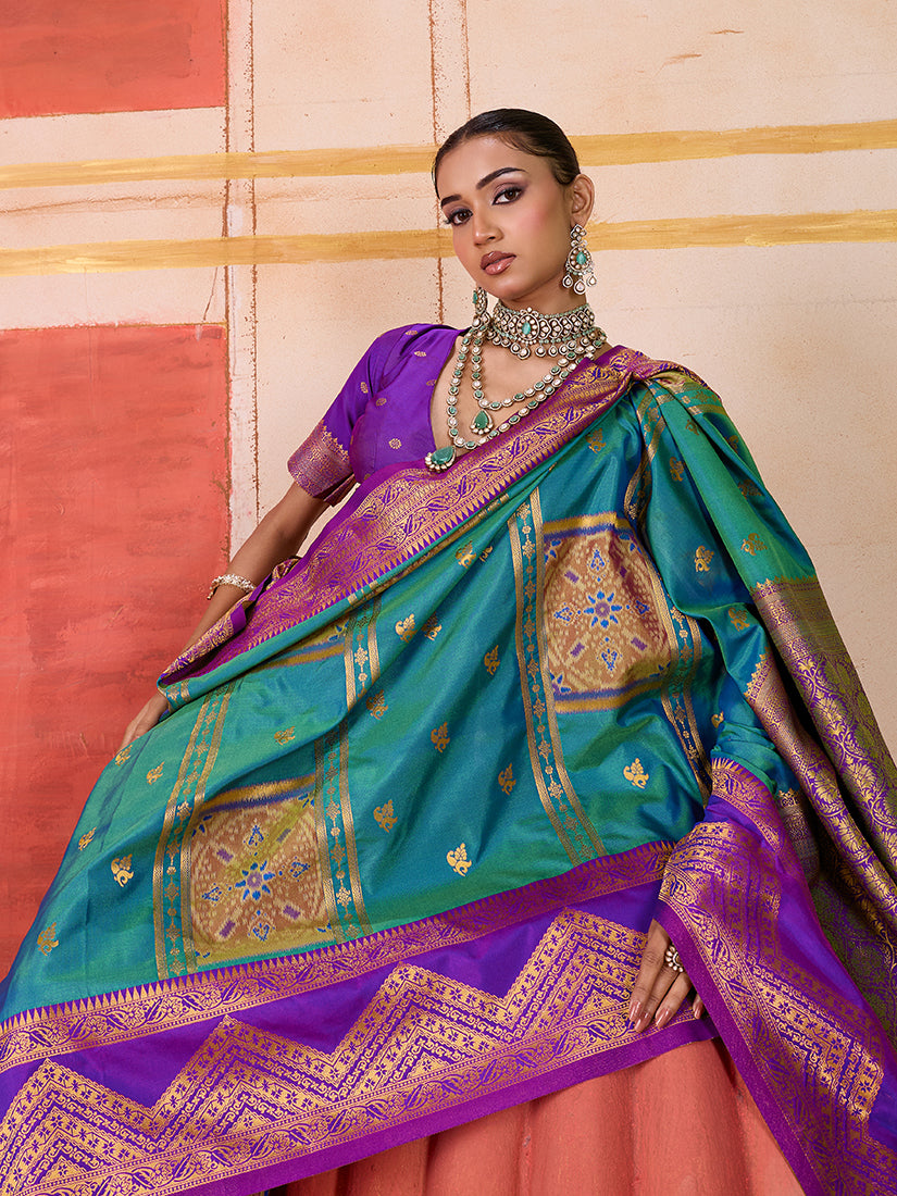 Monjolika Fashion Silk Blend woven Work Teal Saree - Distacart