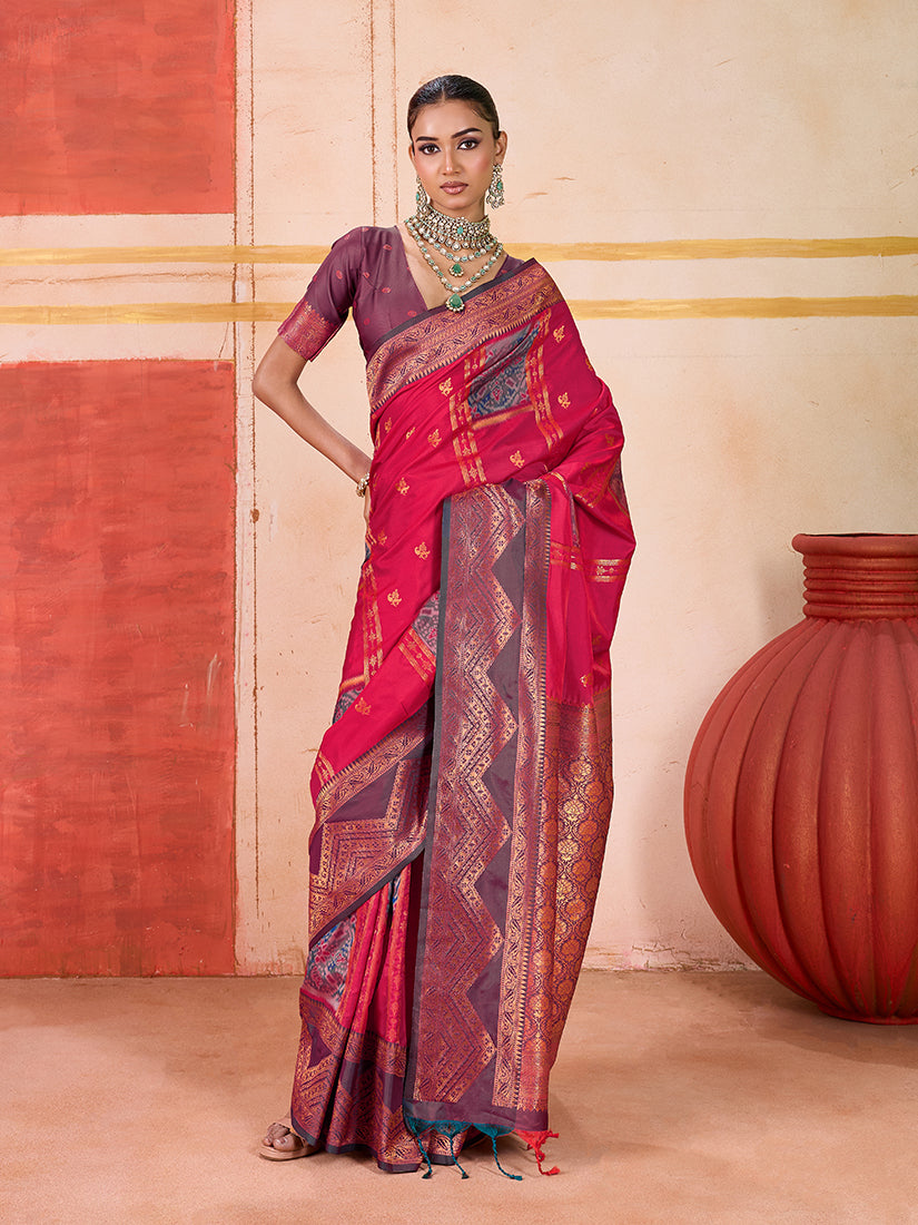Monjolika Fashion Silk Blend woven Work Rani Pink Saree - Distacart