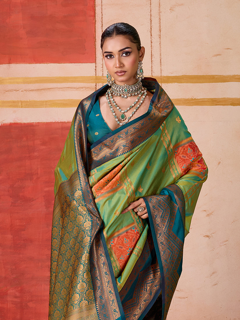 Monjolika Fashion Silk Blend woven Work Green Saree - Distacart