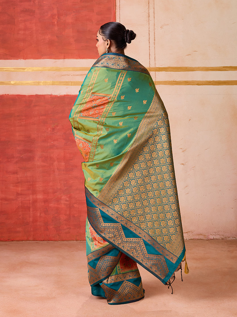 Monjolika Fashion Silk Blend woven Work Green Saree - Distacart