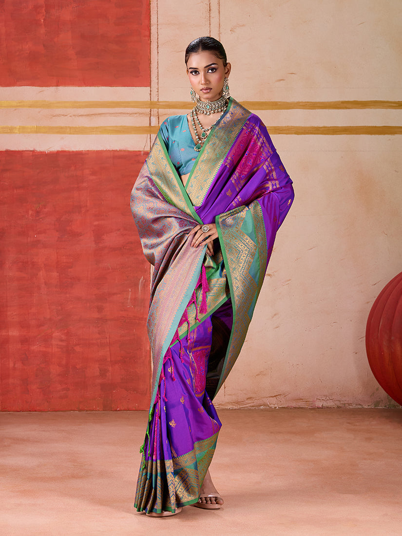 Monjolika Fashion Silk Blend woven Work Purple Saree - Distacart