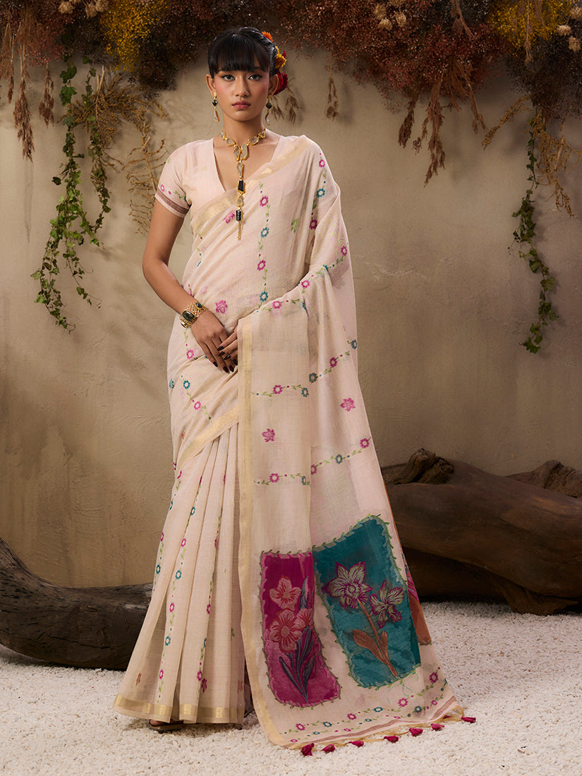 Monjolika Fashion Cotton Blend woven Cream Saree - Distacart