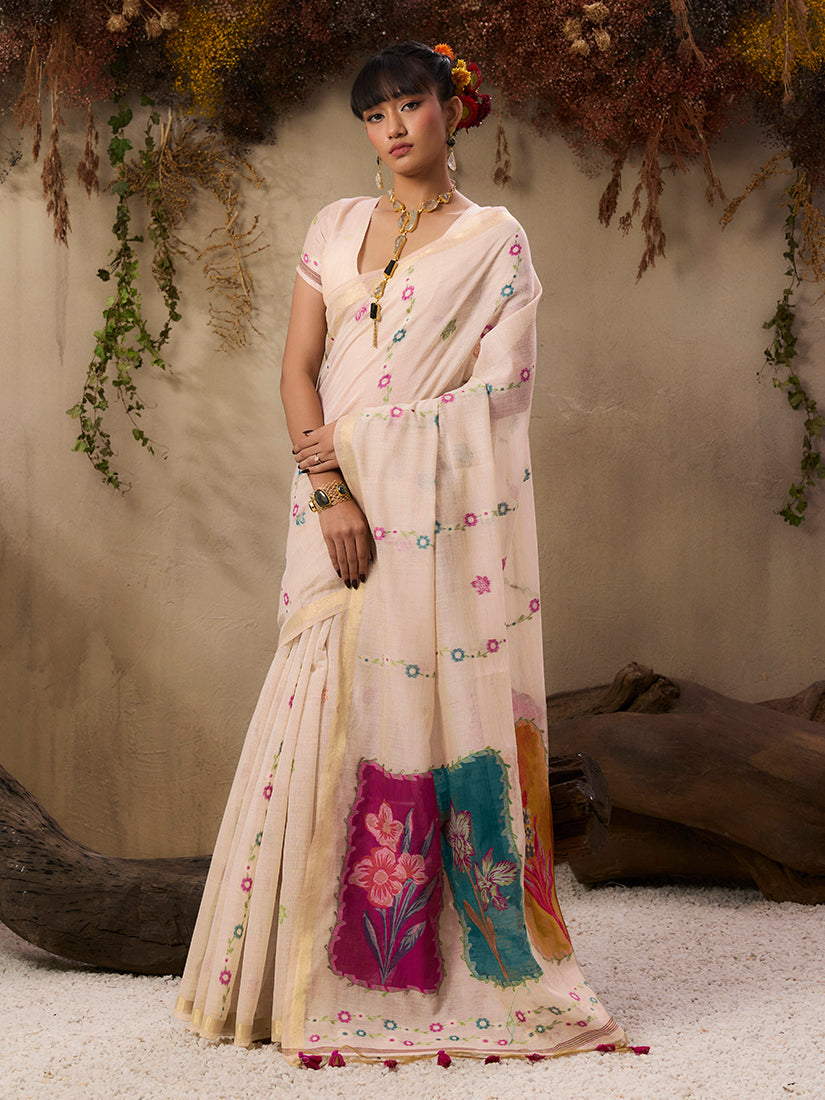 Monjolika Fashion Cotton Blend woven Cream Saree - Distacart