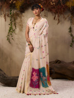 Monjolika Fashion Cotton Blend woven Cream Saree - Distacart