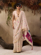 Monjolika Fashion Cotton Blend woven Cream Saree - Distacart