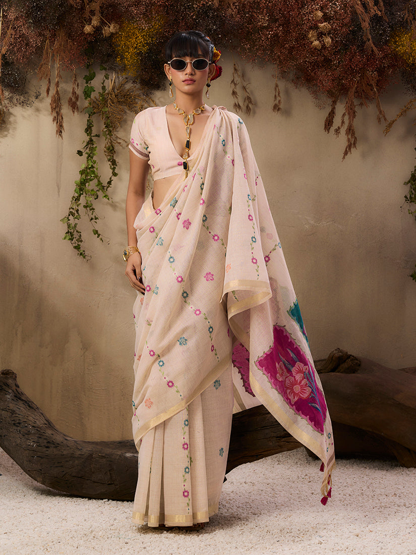 Monjolika Fashion Cotton Blend woven Cream Saree - Distacart