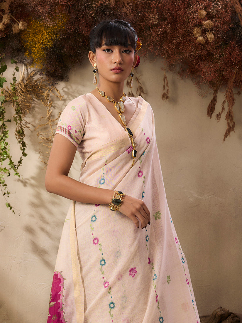 Monjolika Fashion Cotton Blend woven Cream Saree - Distacart