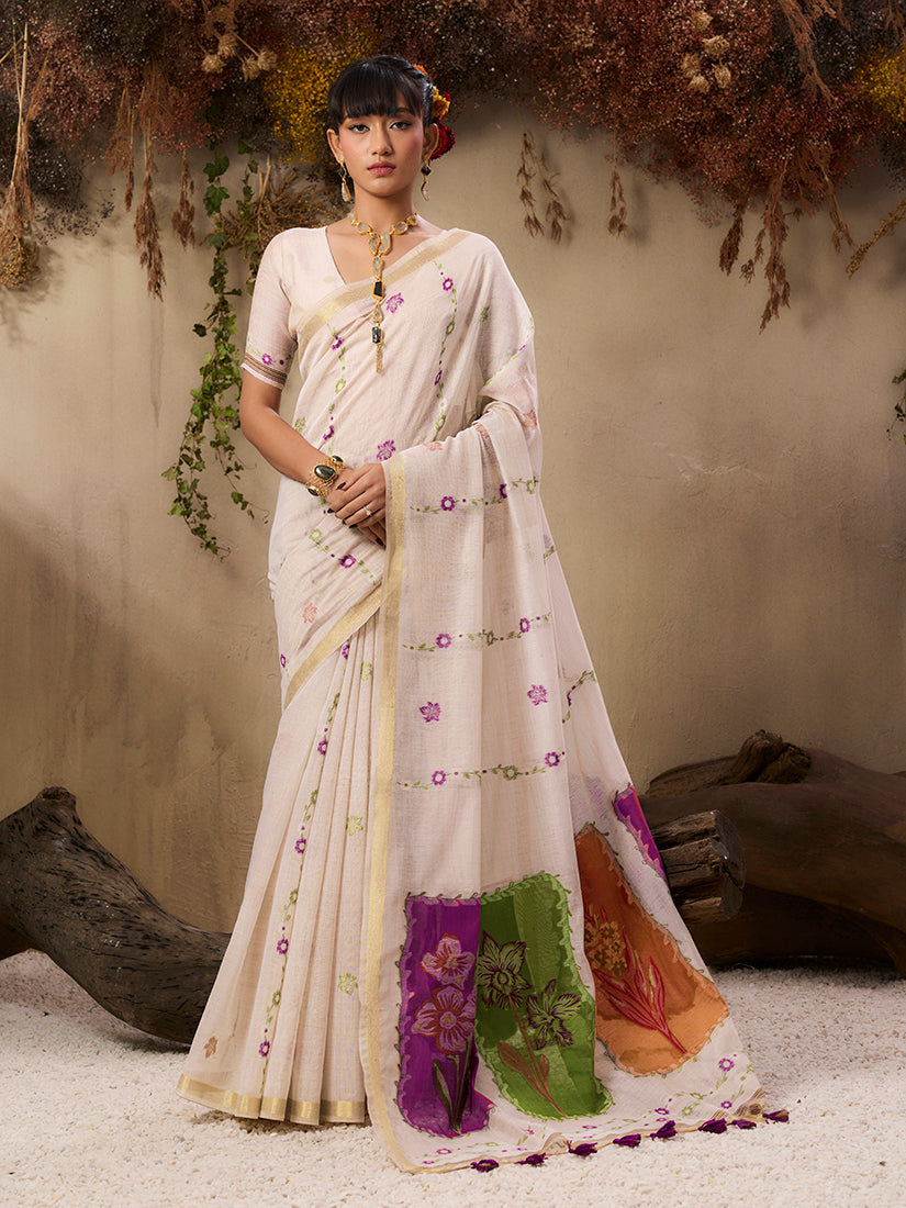 Monjolika Fashion Cotton Blend woven Cream Saree - Distacart