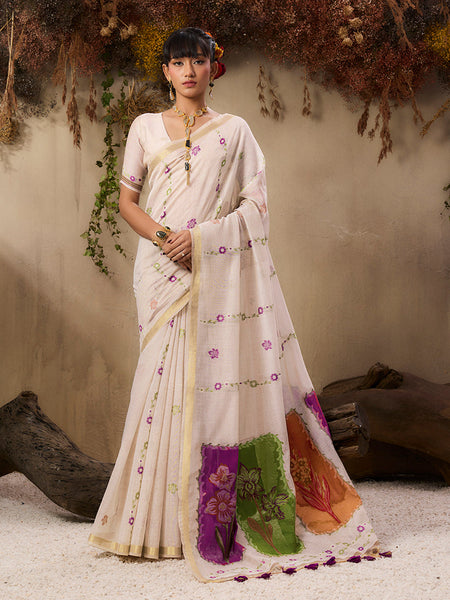 Monjolika Fashion Cotton Blend woven Cream Saree