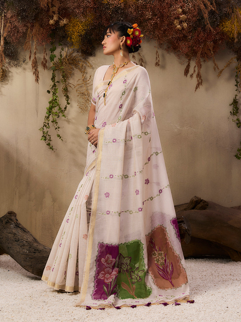 Monjolika Fashion Cotton Blend woven Cream Saree - Distacart