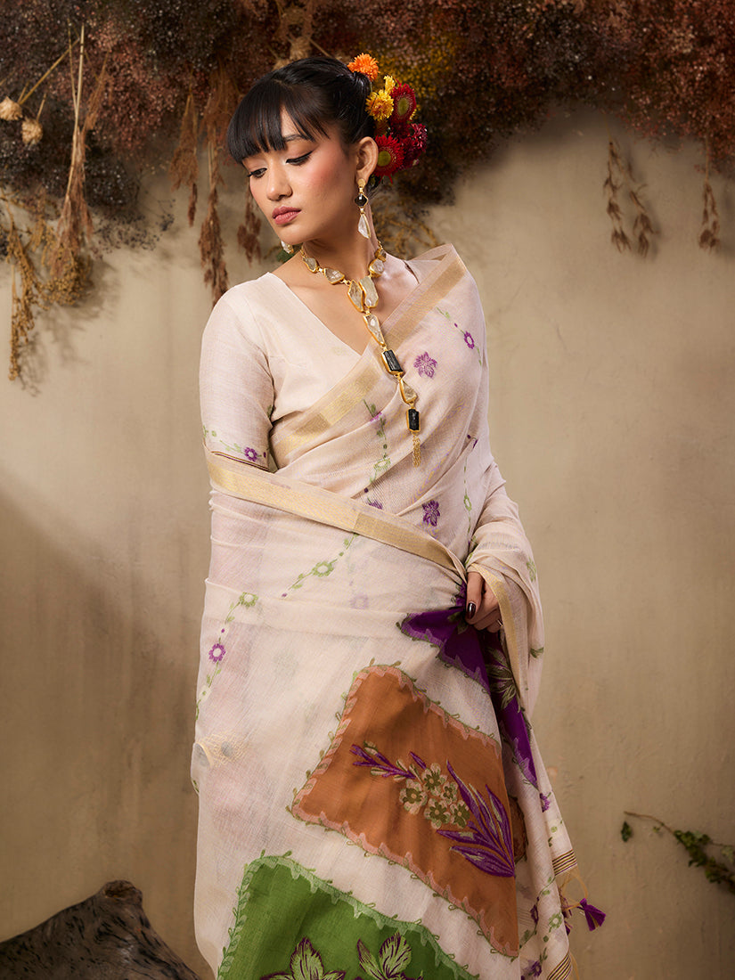 Monjolika Fashion Cotton Blend woven Cream Saree - Distacart