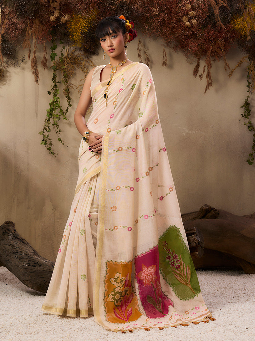 Monjolika Fashion Cotton Blend woven Cream Saree - Distacart