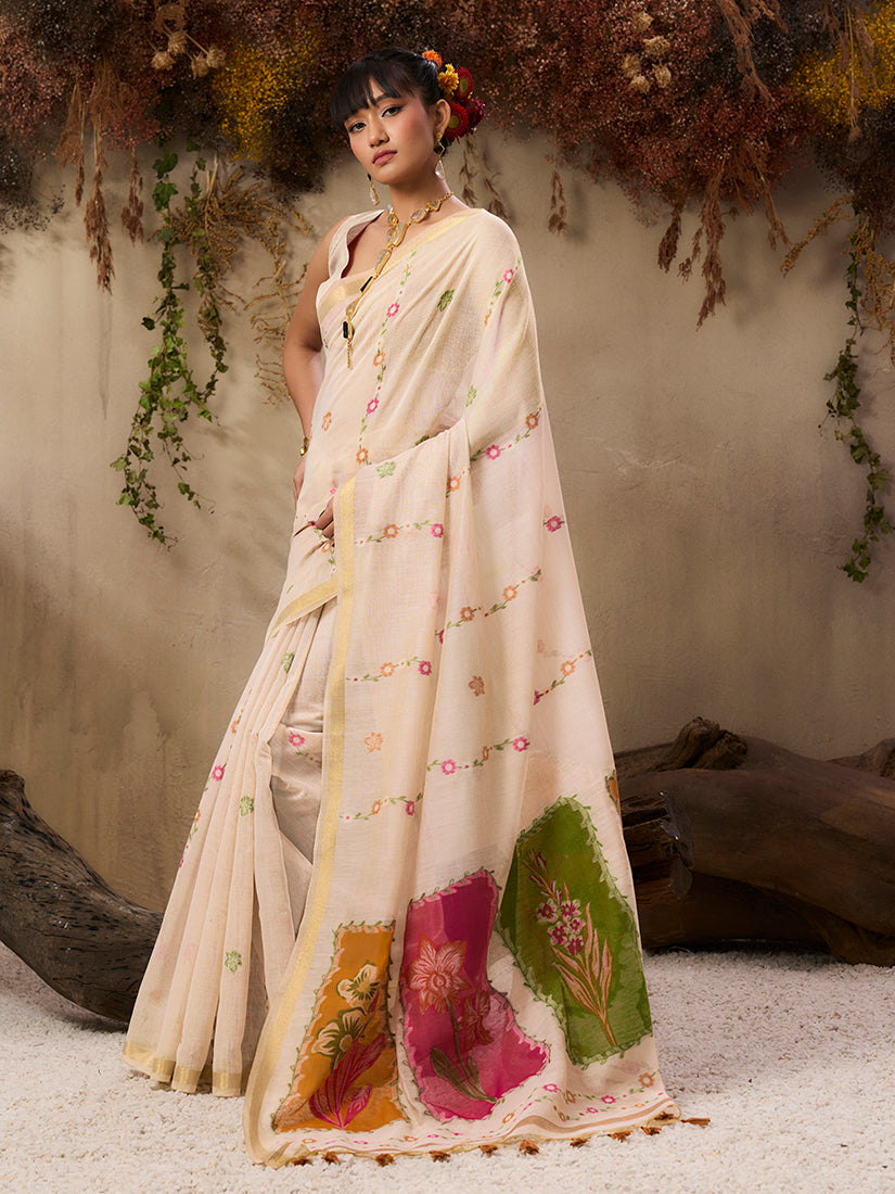 Monjolika Fashion Cotton Blend woven Cream Saree - Distacart