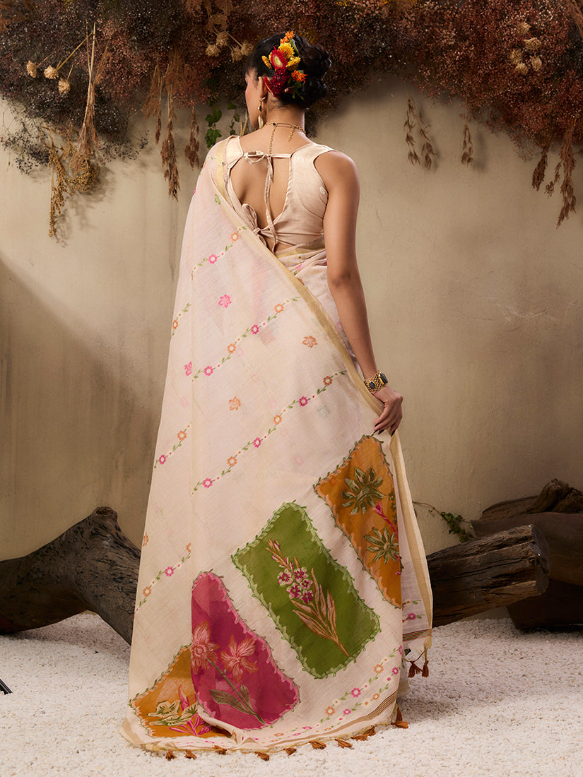 Monjolika Fashion Cotton Blend woven Cream Saree - Distacart
