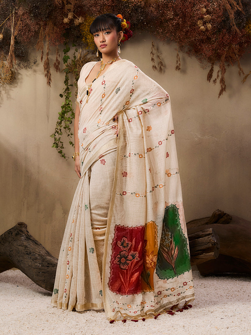 Monjolika Fashion Cotton Blend woven Cream Saree - Distacart