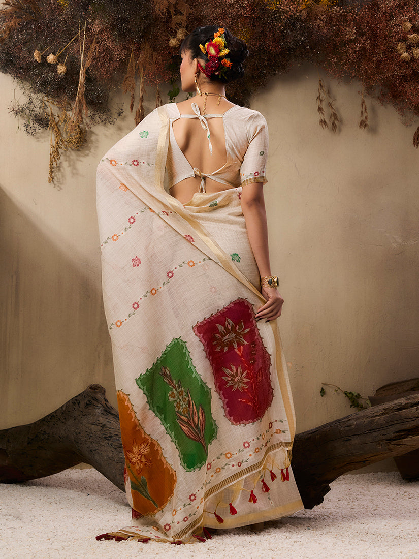 Monjolika Fashion Cotton Blend woven Cream Saree - Distacart