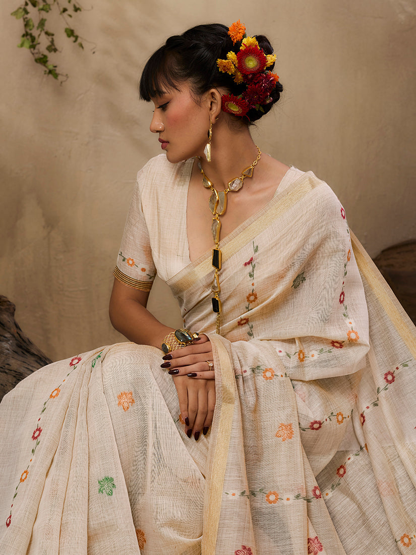 Monjolika Fashion Cotton Blend woven Cream Saree - Distacart