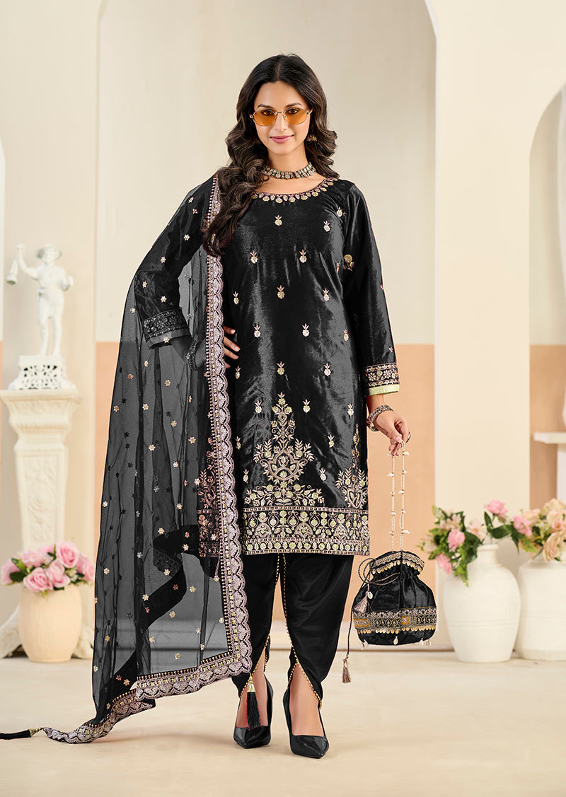 Monjolika Fashion Black Velvet Embroidered Salwar Kameez - Distacart
