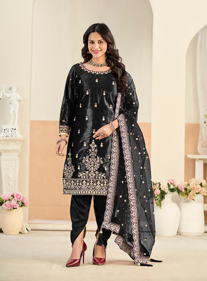 Monjolika Fashion Black Velvet Embroidered Salwar Kameez - Distacart