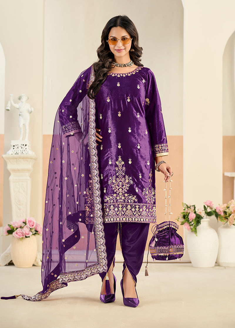 Monjolika Fashion Purple Velvet Embroidered Salwar Kameez - Distacart