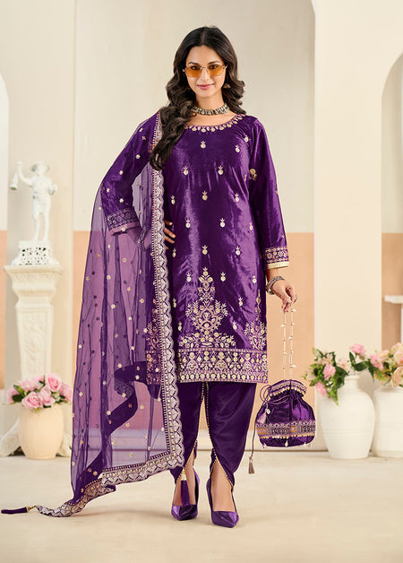 Monjolika Fashion Purple Velvet Embroidered Salwar Kameez