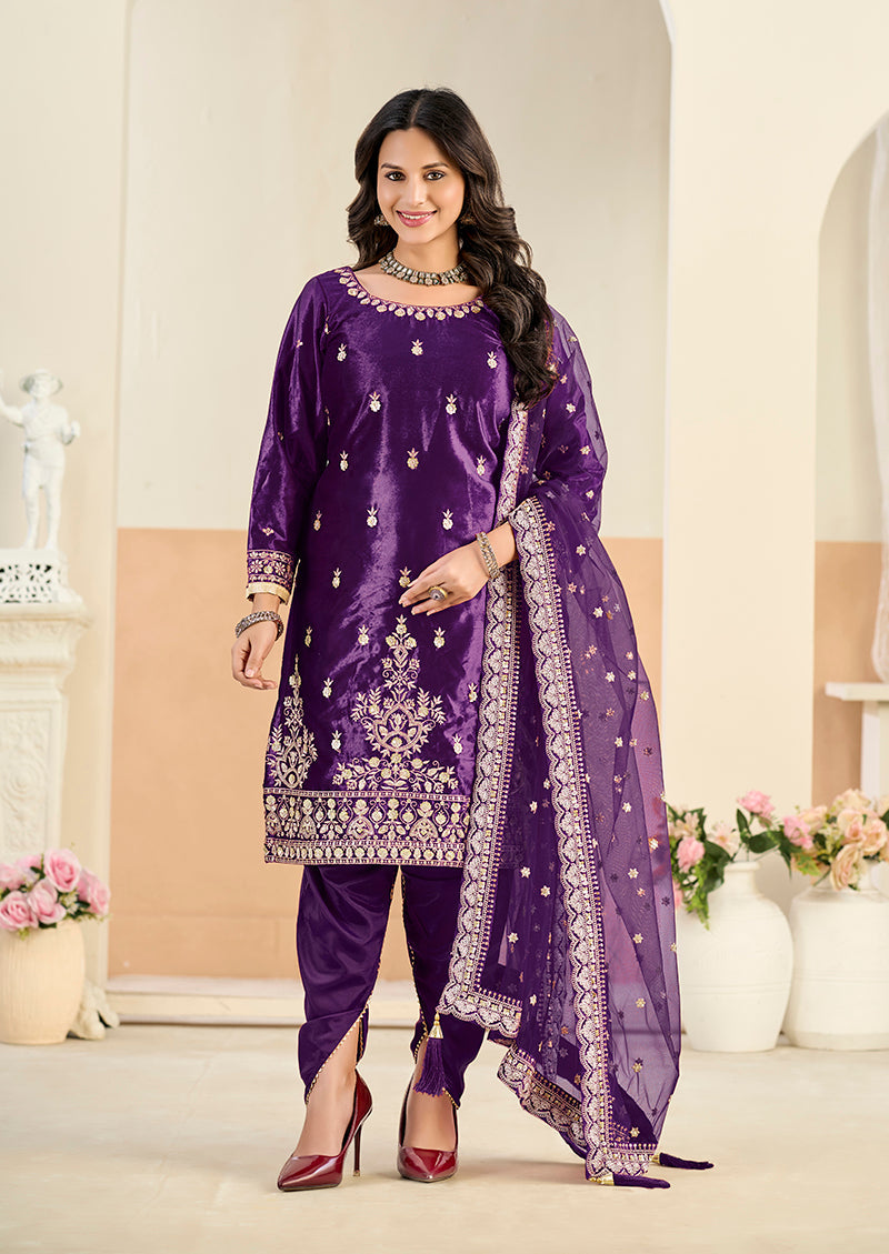 Monjolika Fashion Purple Velvet Embroidered Salwar Kameez - Distacart