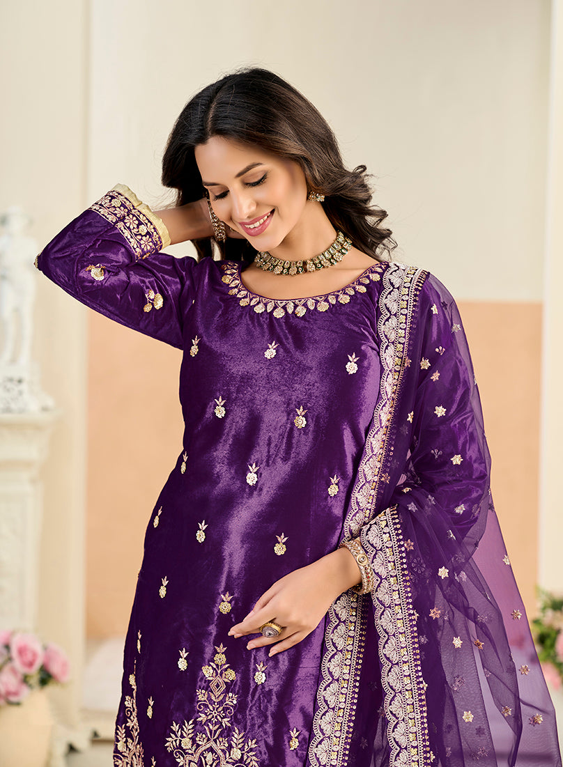 Monjolika Fashion Purple Velvet Embroidered Salwar Kameez - Distacart