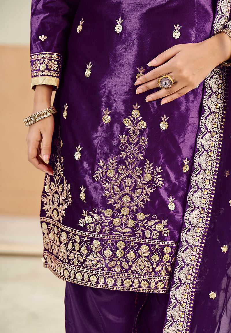 Monjolika Fashion Purple Velvet Embroidered Salwar Kameez - Distacart