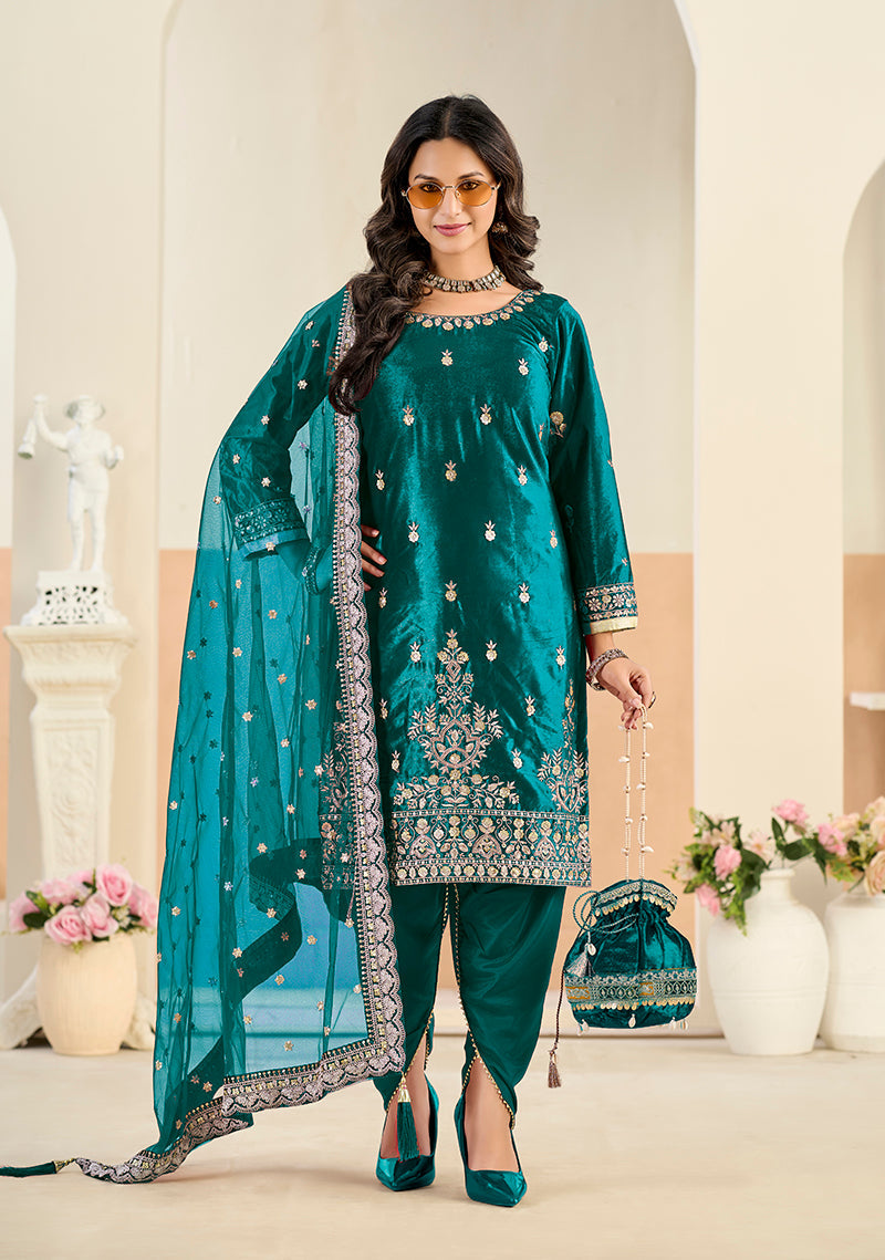 Monjolika Fashion Teal Velvet Embroidered Salwar Kameez - Distacart