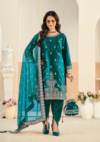 Monjolika Fashion Teal Velvet Embroidered Salwar Kameez - Distacart