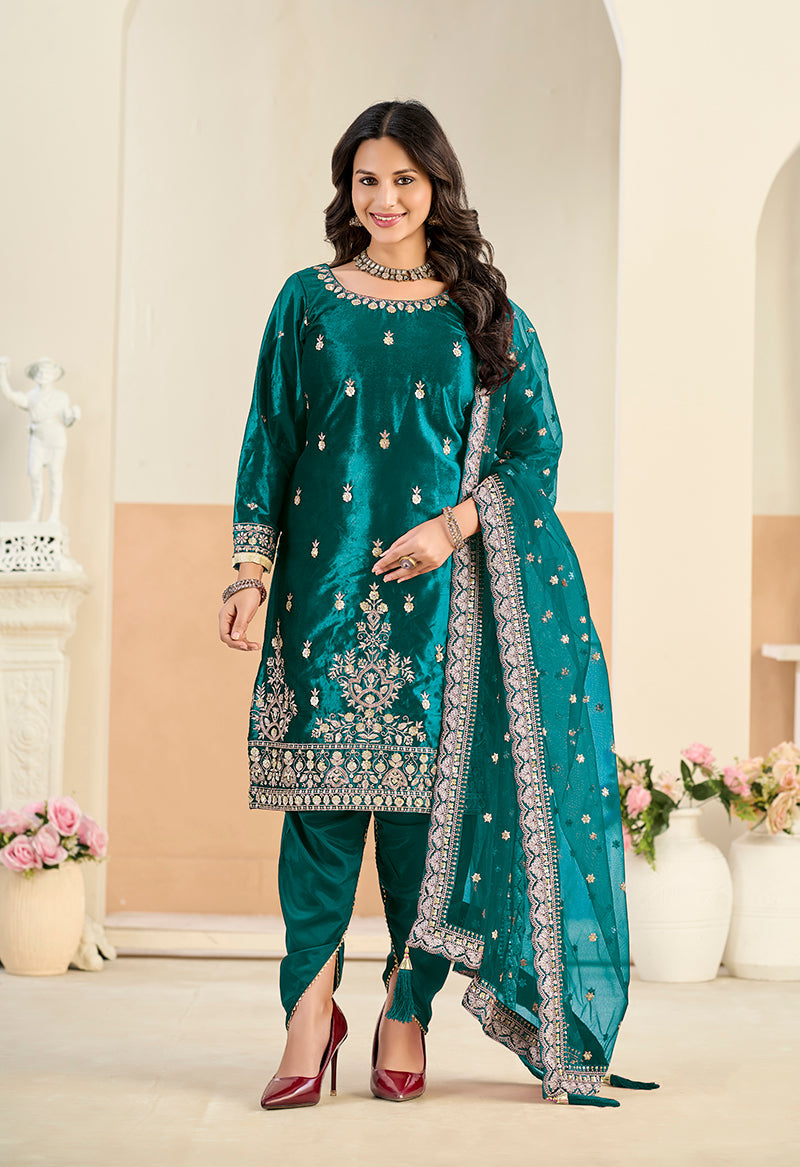 Monjolika Fashion Teal Velvet Embroidered Salwar Kameez - Distacart