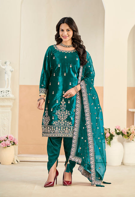 Monjolika Fashion Teal Velvet Embroidered Salwar Kameez